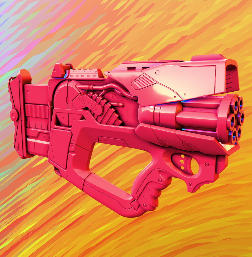 High-poly 3D model of a colorful Nerf gun – Firefly rendered in stylized presentation by Stefan Norén