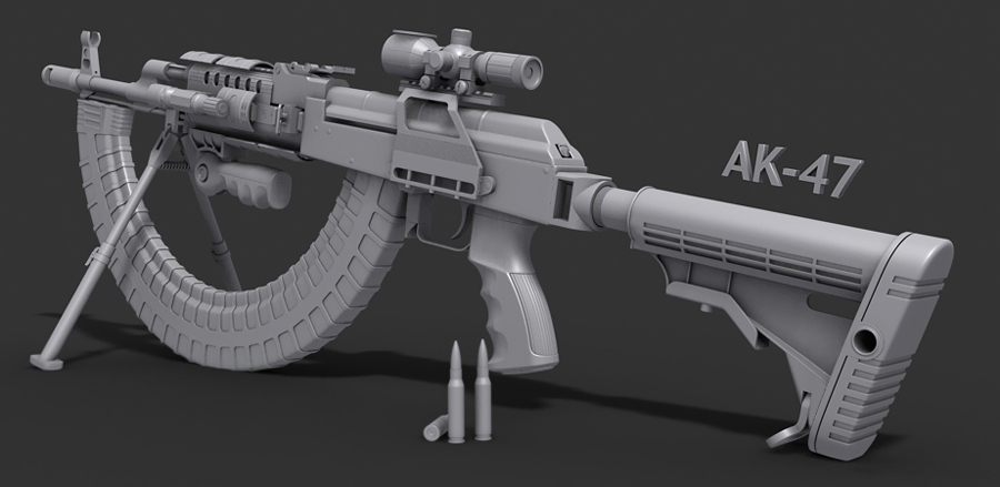 High poly 3D model of a custom AK-47 with unique curved magazine – designed by Stefan Norén in 3ds Max
